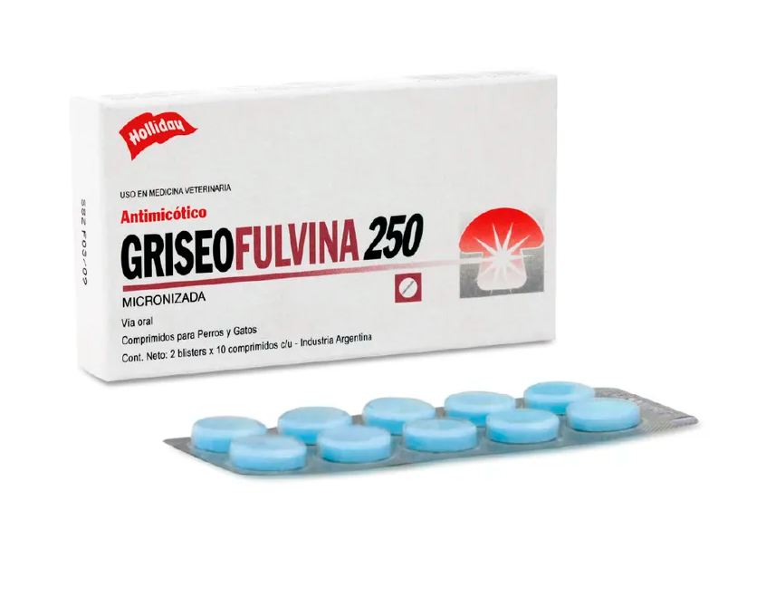 GRISEOFULVINA 250 MG 20 COMPRIMIDOS Holliday x 20 DescripciónFungistático a base de griseofulvina micronizada de administración oral para caninos y felinos.Interfiere en la síntesis de proteínas y ácidos nucleicos de la pared celular de hongos en cre